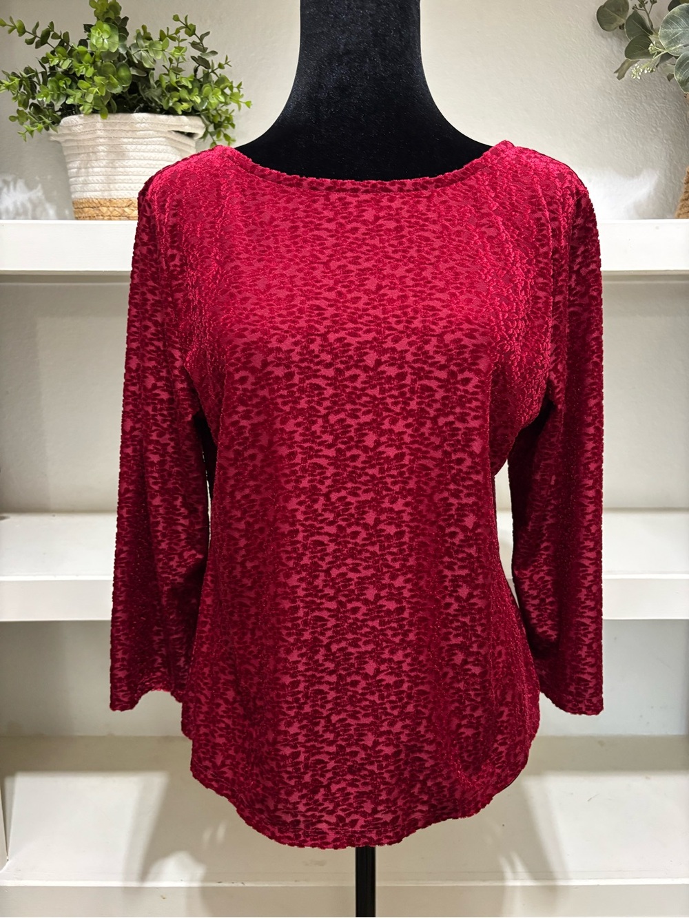 Worthington Textured Velvet Long Sleeve Top - Deep Red